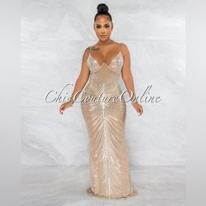 Narmada Nude Mesh Sheer Rhinestones Maxi Dress